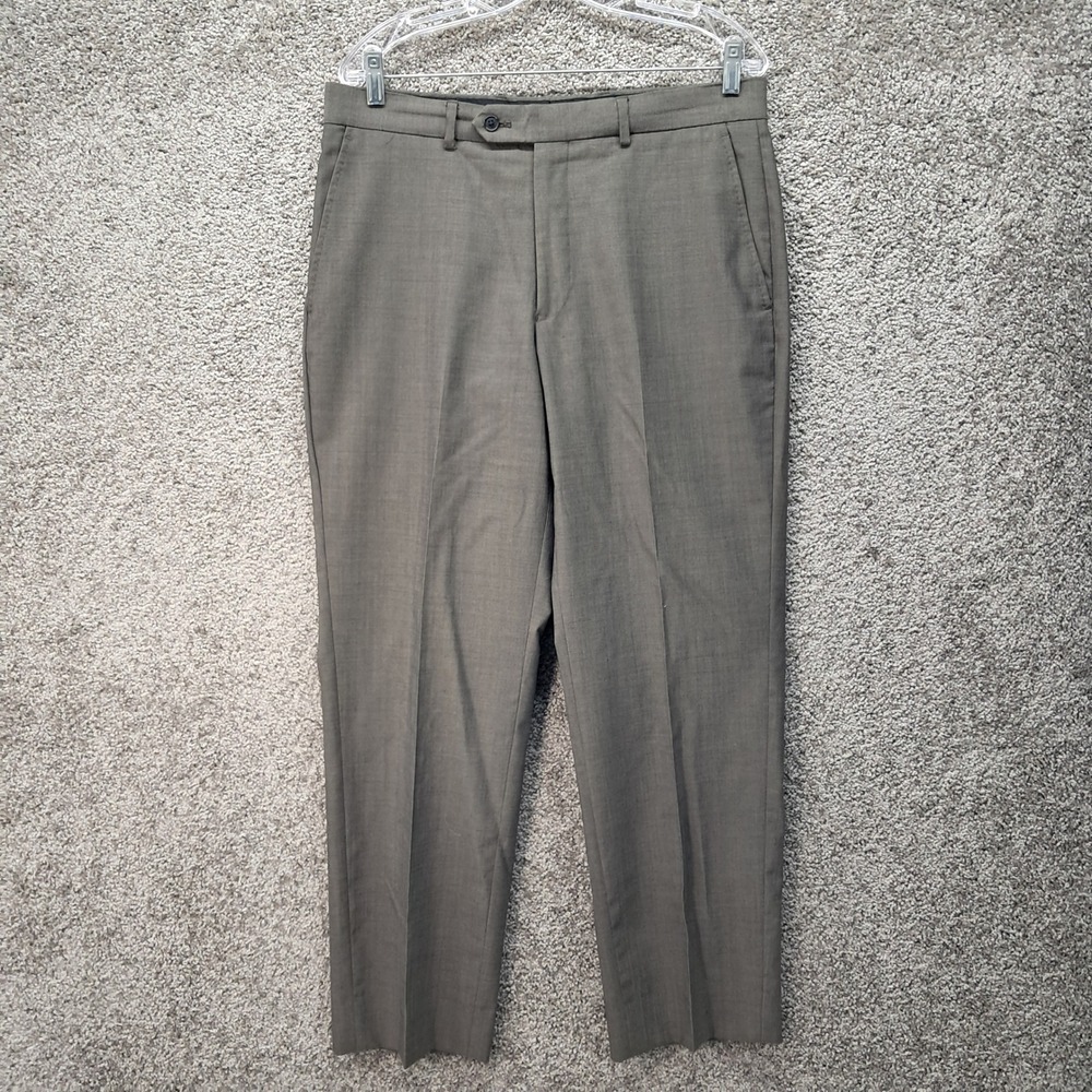 Pronto Uomo Mens 34x30 Brown Gray 100% Wool Flat Front Dress Pants Trousers